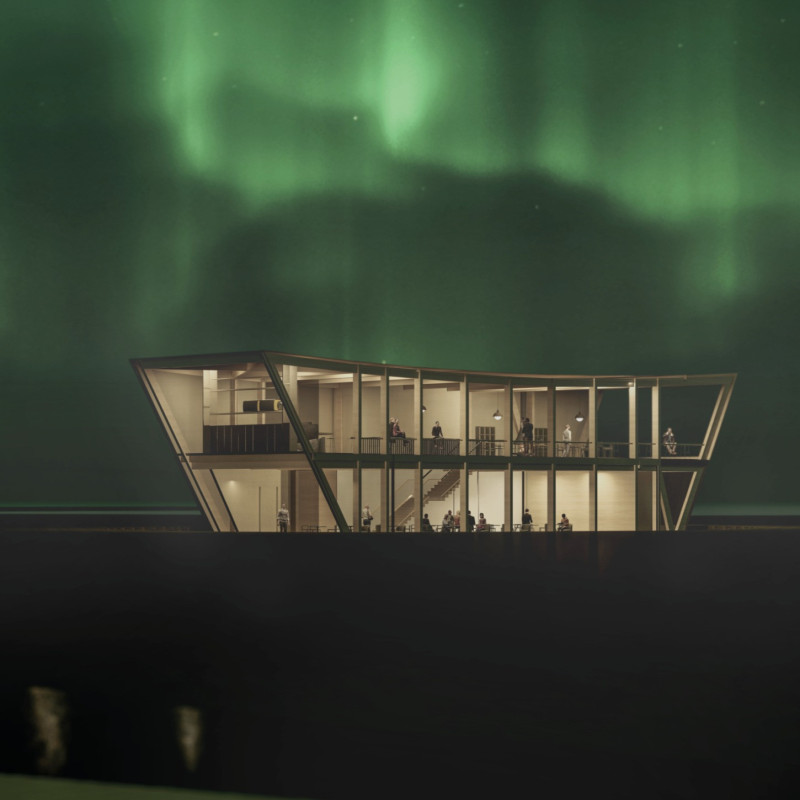 Reflective Glass and Local Stone Embrace Hverfjall's Volcanic Landscape