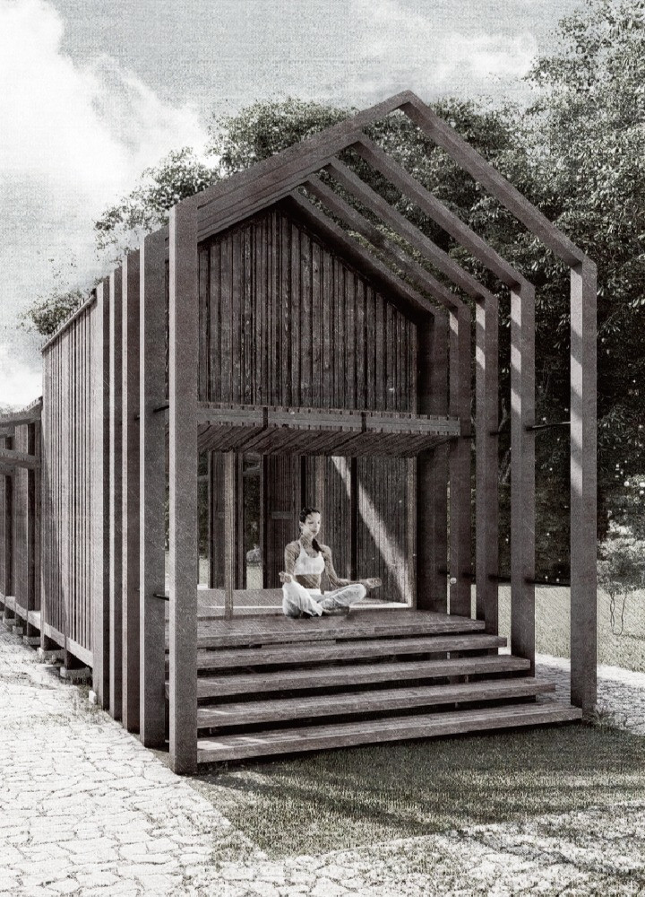 Charred Cedar Cabin Embracing Indigenous Trees for Reflection