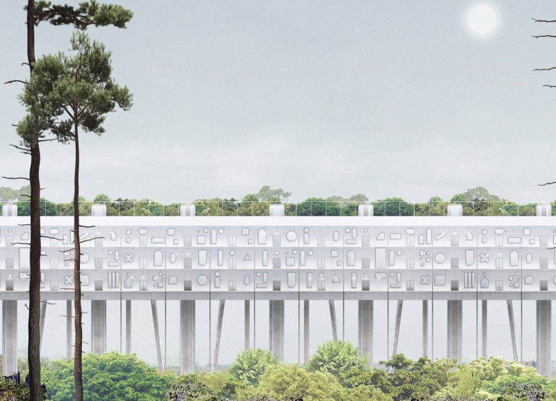 Elevated Megastructure Integrating Green Arteries and Modular Living Units