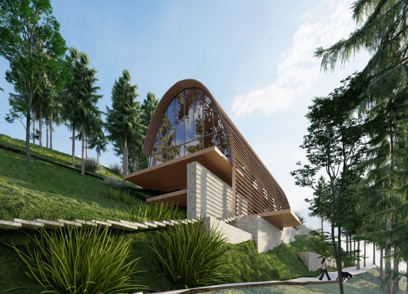 Elevated Arches and Ceramic Shingles in a Sustainable Yoga Retreat