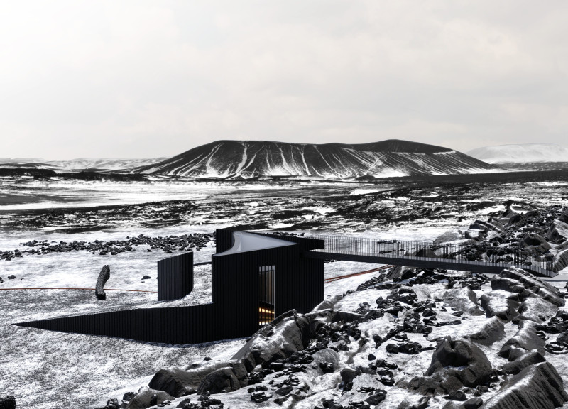 Cor-Ten Steel Structure Nestled Within Volcanic Landscape Enhancing Visitor Experience