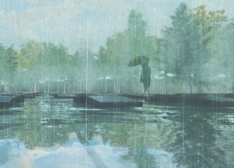 Reflective Niches in Black Marble and Natural Green Setting