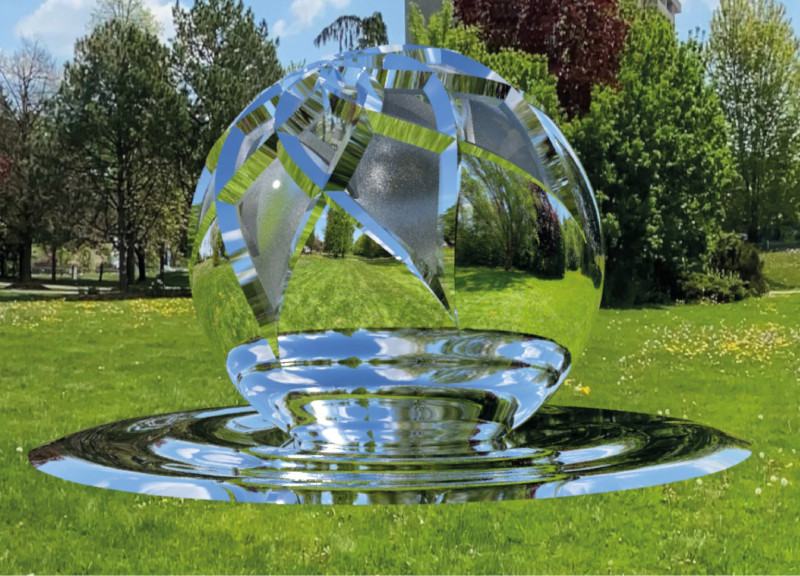 Reflective Steel Sphere Housing a Charitable Wishing Well
