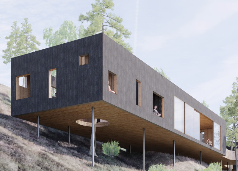 Meditation Space Surrounded by Charred Wood and Oiled Pine