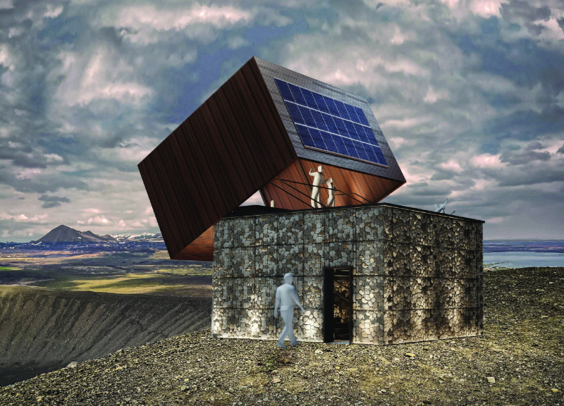 Basalt Gabions and Concrete Seating Overlooking Volcanic Landscapes
