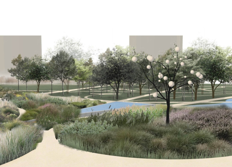 Charred Wooden Shingles and Green Infrastructure Integrated into Urban Spaces