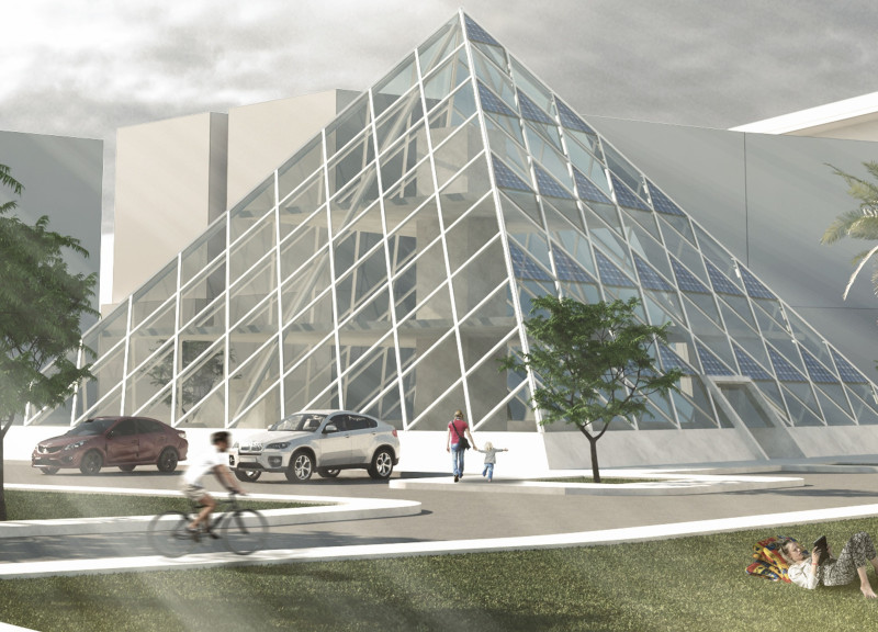 Reflective Glass and Solar Panels Defining a Pyramid Sanctuary for Reflection and Healing