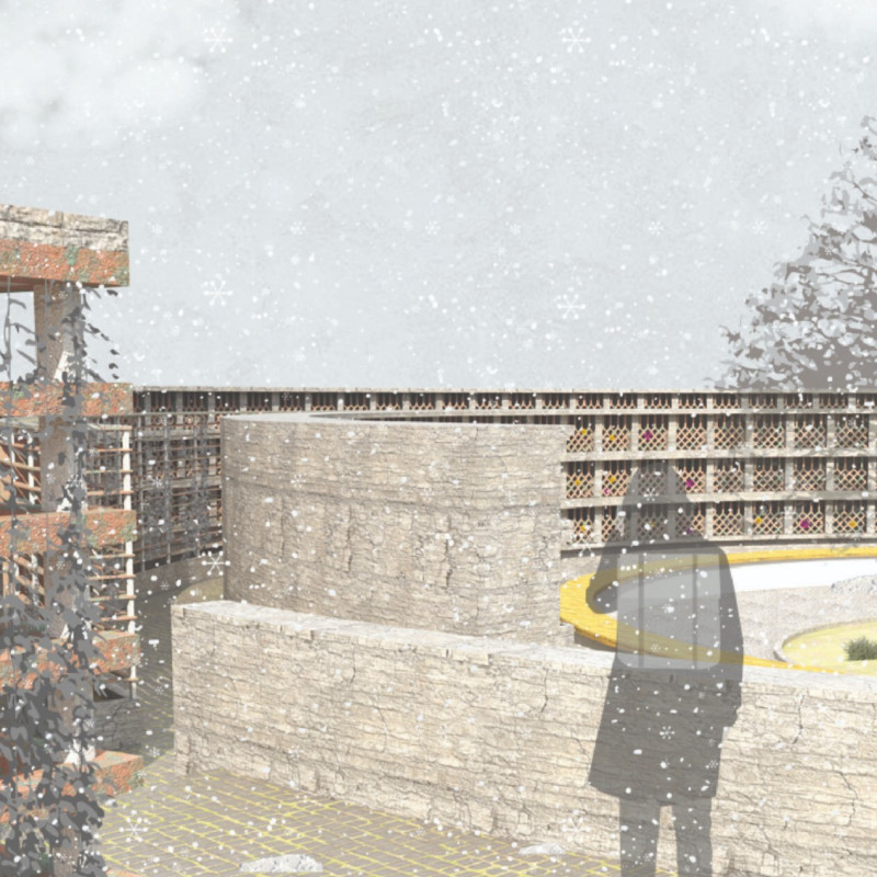 Radial Structure with Copper Trellises and Natural Stone for Reflection Spaces