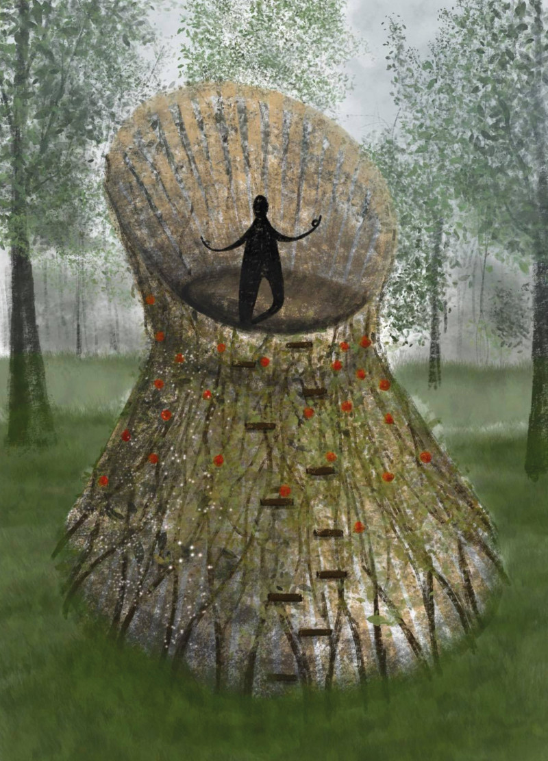 Elevated Meditation Space with Wooden Columns and Integrated Greenery