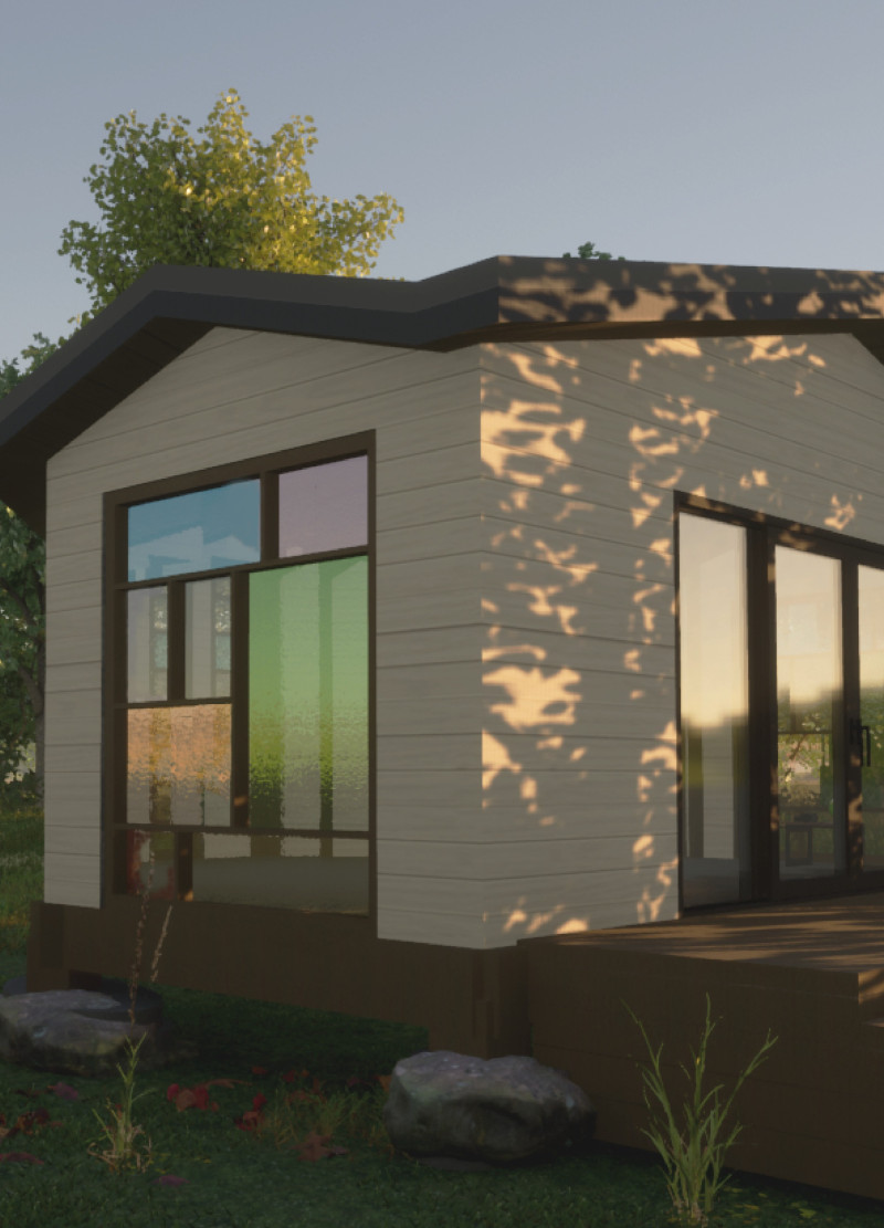 Timber Cabin Elevated on Natural Stone with Textured Glass and Lotus-Inspired Shape