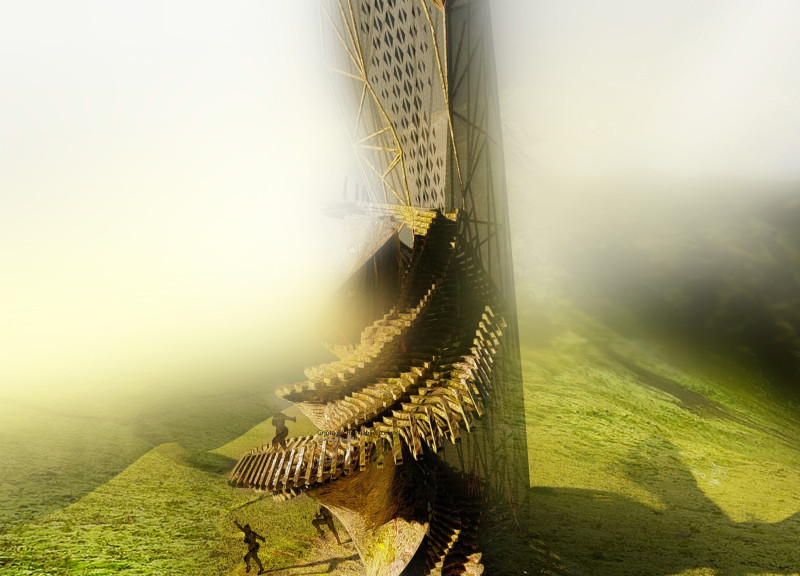 Helical Tower Featuring Low-Density Meshes for Water Collection