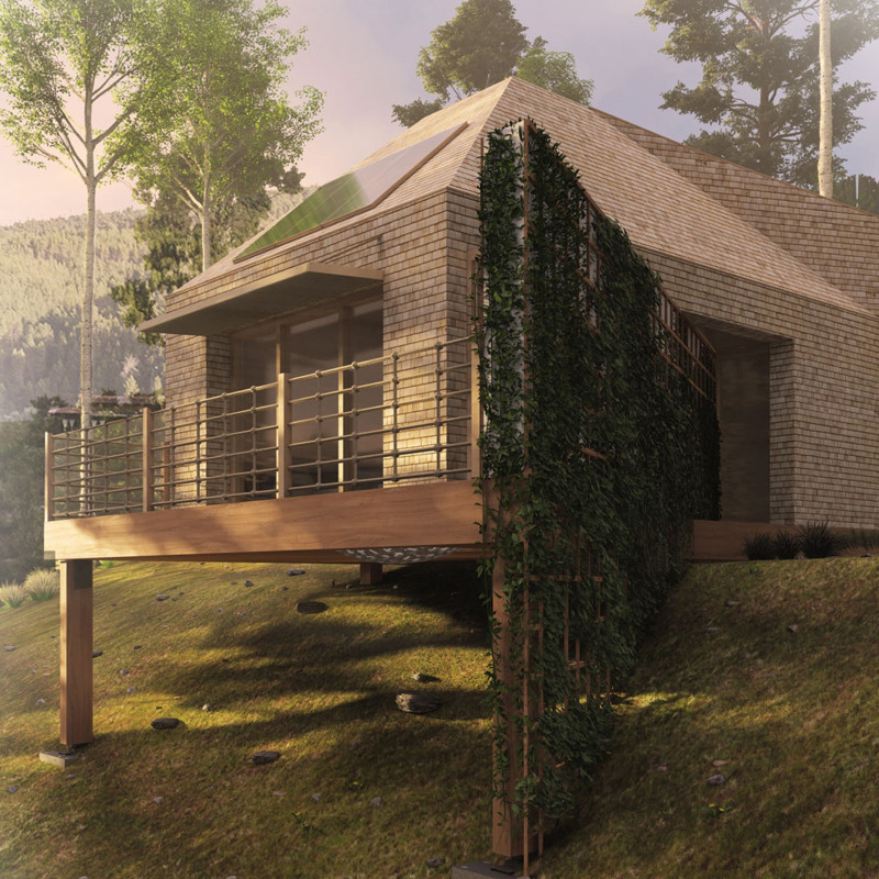 Green Walls and Zinc Features in a Forest Retreat for Well-Being