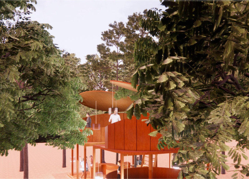 Curvilinear Tables and Take-out Windows Nestled Among Trees