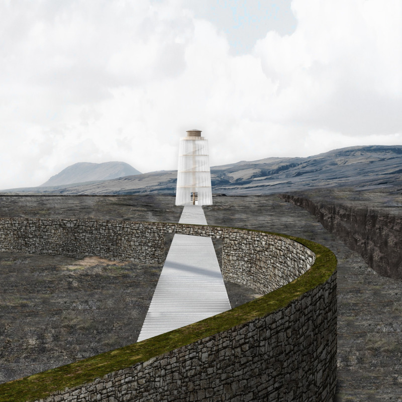 Lantern-Like Beacon Crafted from Wood and Polycarbonate Overlooking Tectonic Landscape