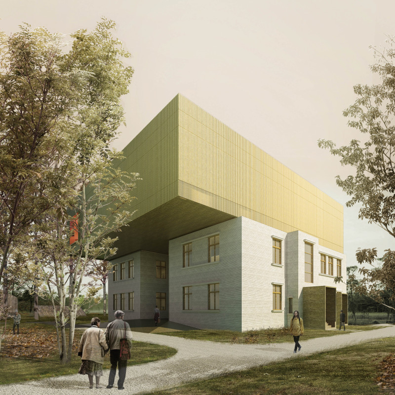 Ribbed Metal Façade and Natural Brick Harmony in a Community-Focused Cultural Center