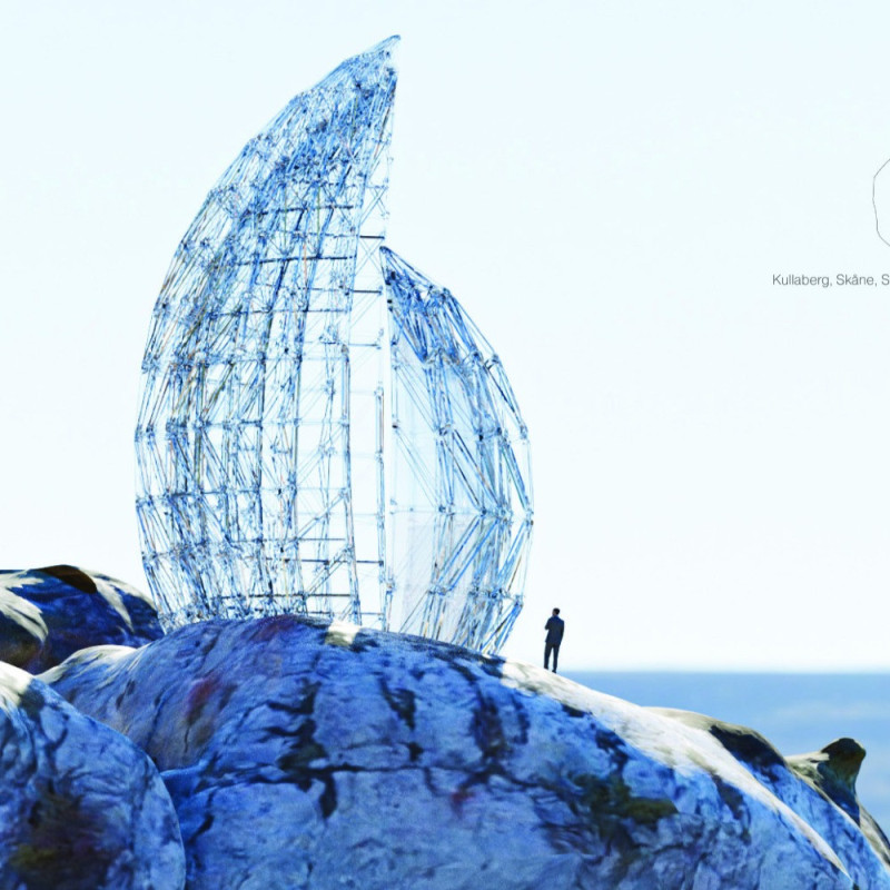 Transparent Wood Pavilion with Asymmetrical Shells Overlooking Coastal Cliffs