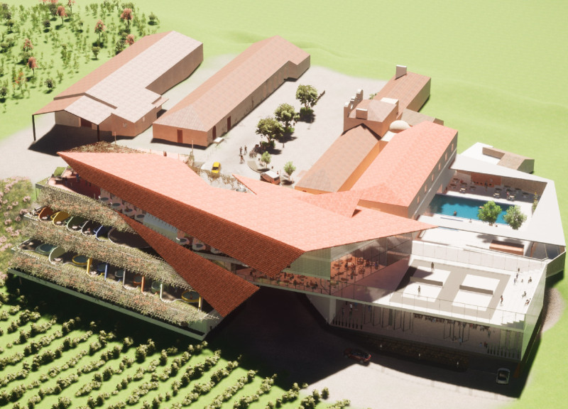 Red Tiles and Decorative Vines in Vineyard Hotel Design