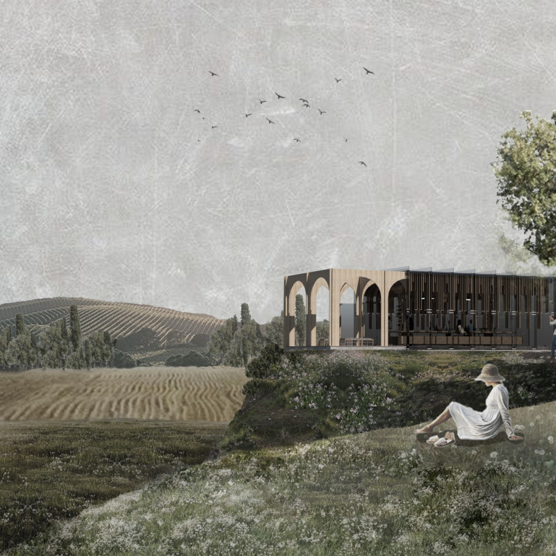 Glass Skeleton Framing Communal Spaces in a Vineyard Setting