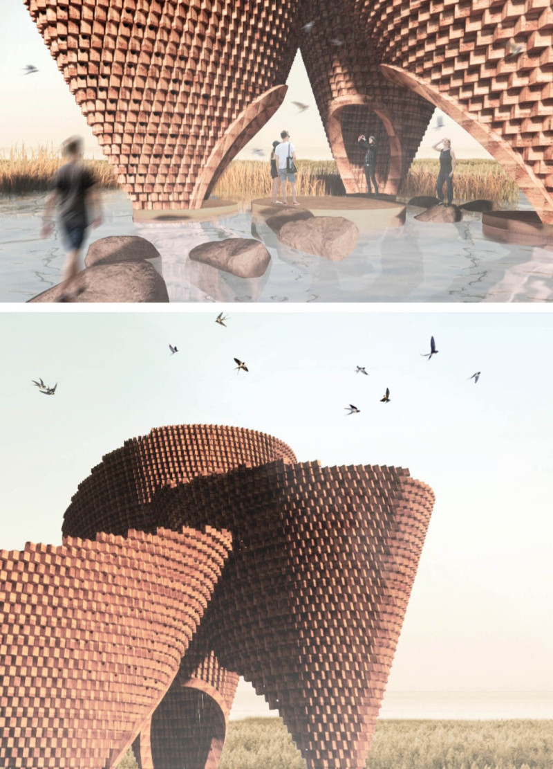 Rammed Earth Pavilions with Inverted Conoids for Bird Observations