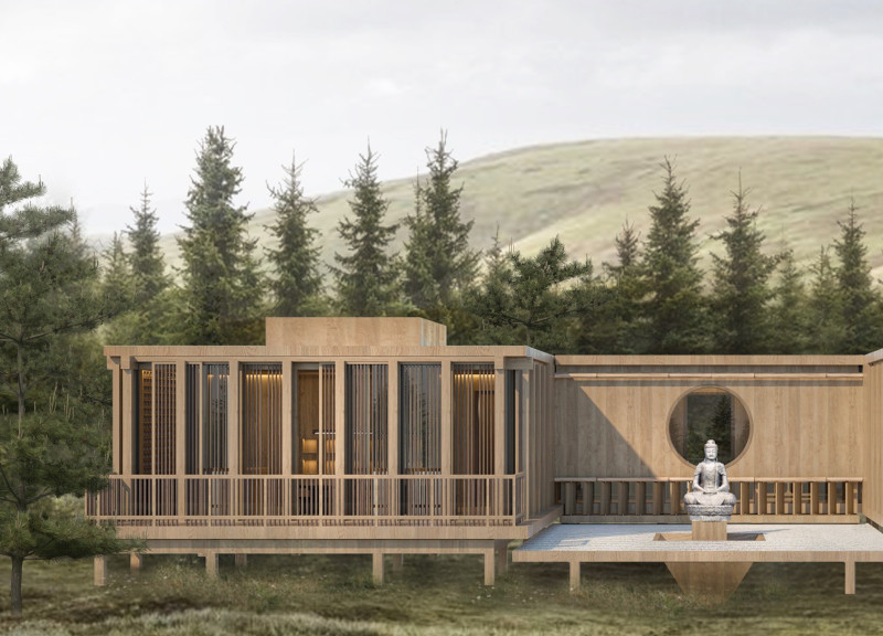 Blackened Pine Retreat with Central Light Well for Mindful Practices