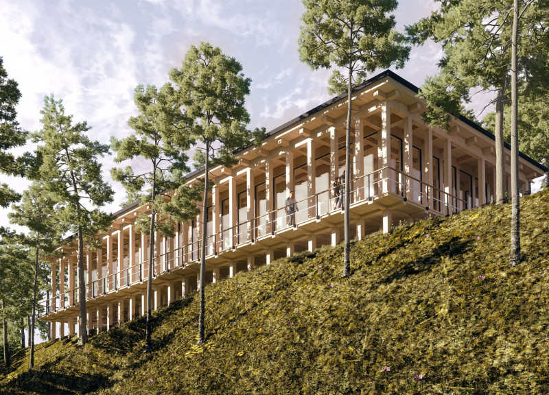 Rainwater Harvesting and Roof Garden in a Natural Brown Pavilion for Mindfulness Practice