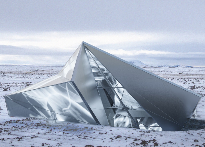 Engraved Volcanic Stone Surrounded by Reflective Ice Forms a Cultural Cinema Experience