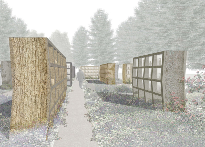 Sculptural Columbarium with Cast Concrete and Laminated Glass in a Natural Meadow Setting