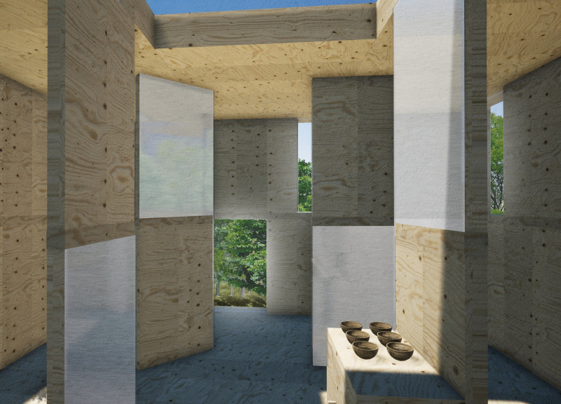 Aluminum Panels and Sliding Windows Enhancing Meditation in a Wood Retreat