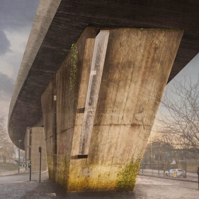 Suspended Homes with Burnished Bronze and Solid Oak Beneath Urban Infrastructure