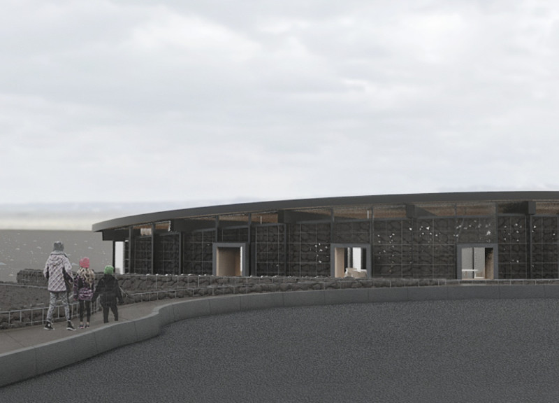 Gabion-Trombe Wall Structure Blending Volcanic Landscape with Visitor Amenities