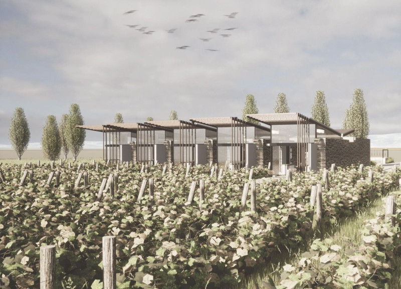 Timber Trellises and Butterfly Roofs Nestled Within a Sustainable Vineyard Landscape