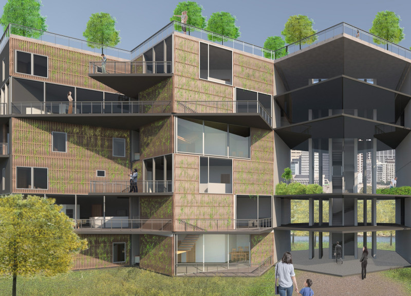 Timber-Clad Hexagonal Living Spaces Promoting Community Engagement