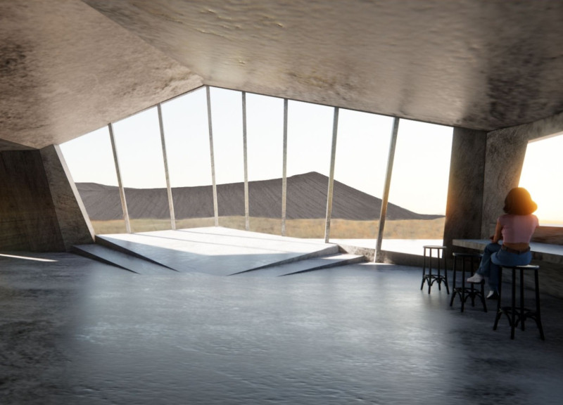 Upward Angles and Concrete Portals Enhancing Mountain Views in a Café Setting
