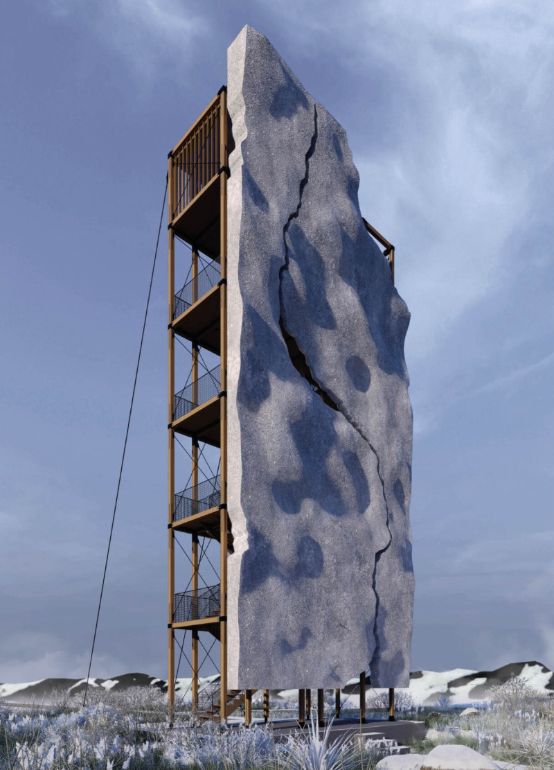 Cantilevered Structure Crafted from Ultra-Lightweight Concrete and Natural Wood Panels Inhabiting a Volcanic Landscape