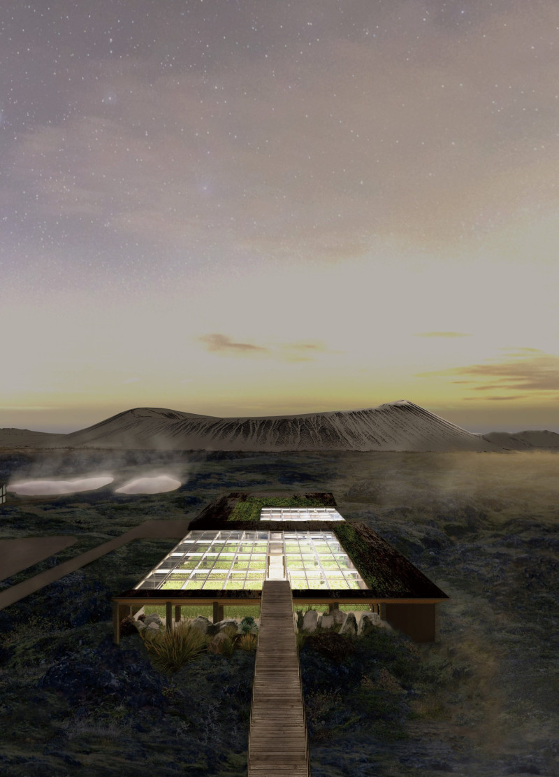 Basalt Gabions and Greenhouse Integration in Icelandic Landscape