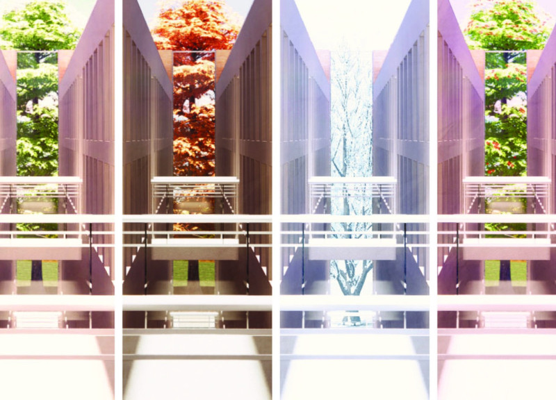 Tree-Centric Courtyards Enhanced by Insulated Masonry and Glass Elements for Remembrance