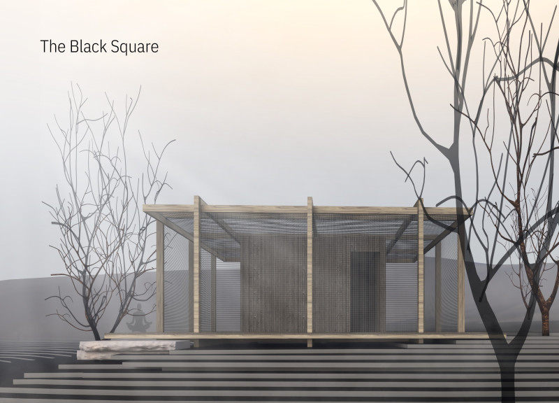 Black Square Retreat with Agricultural Netting and Timber Frame