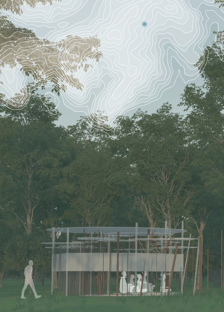 Kauri Wood Pillars Framing Light-Filled Meditation Space Surrounded by Translucent Cloth