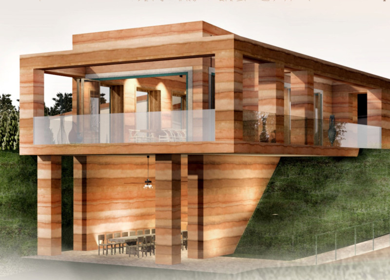 Rammed Earth Structure with Oak Beams Overlooking Vineyards