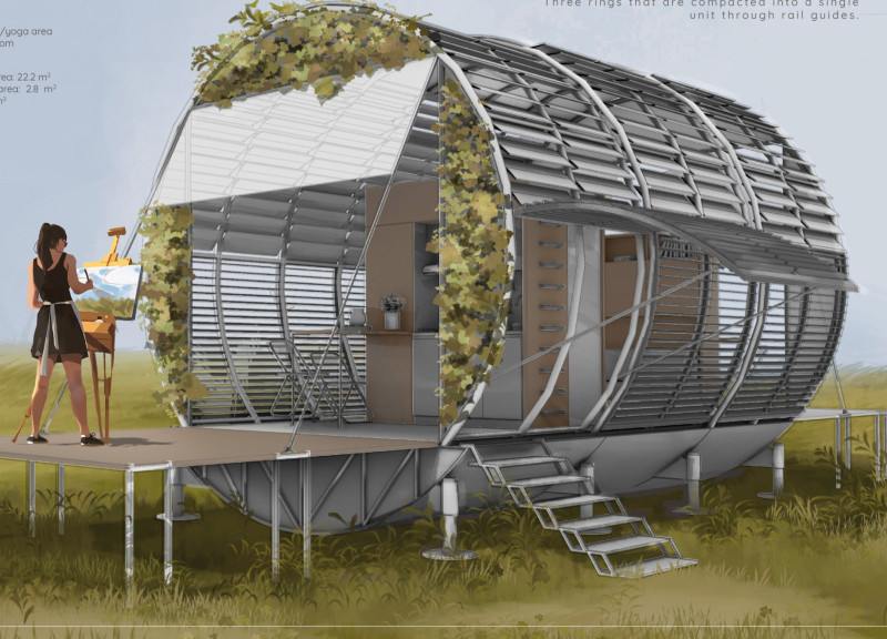 Solar-Powered Shelter with Jalousie Windows and Sustainable Systems