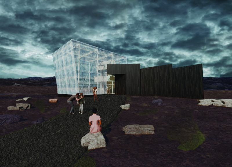 Glacial-Inspired Pavilion with Volcanic Rock and Bio-Glass Integration