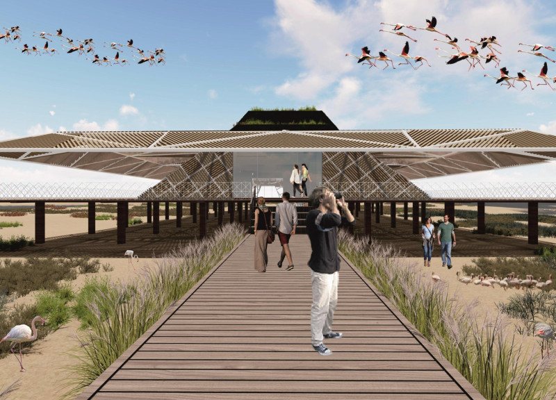 Bird Walks and Green Roofs in a Visitor Center Above the Wetlands
