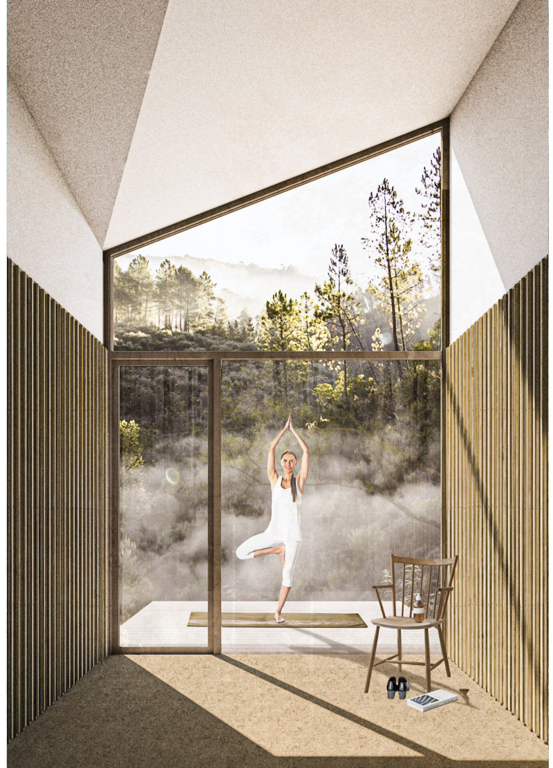 Butterfly Roof Cabins with Recessed Entry and Natural Materials for Meditation Retreat