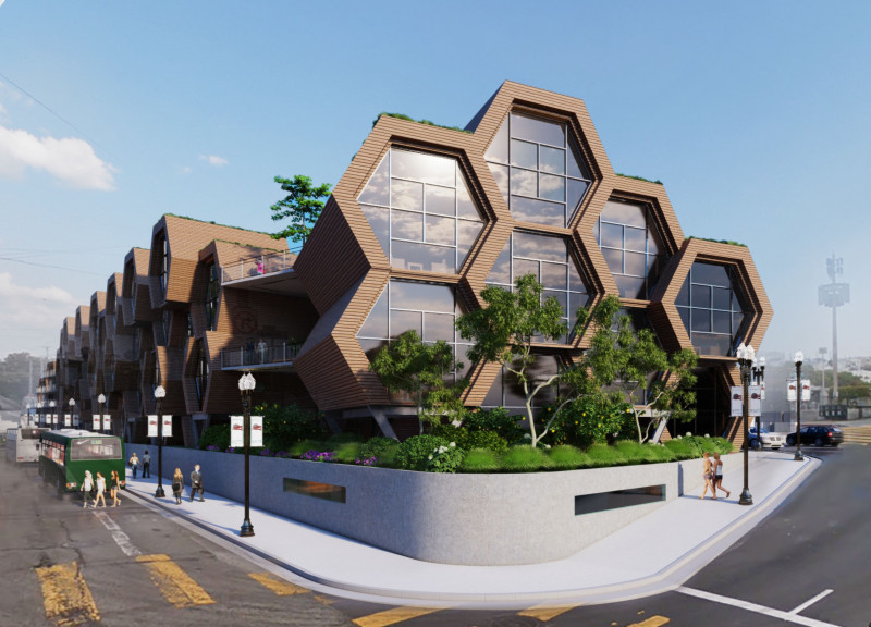 Hexagonal Redwood Units Integrated with Green Roof and Community Beehives