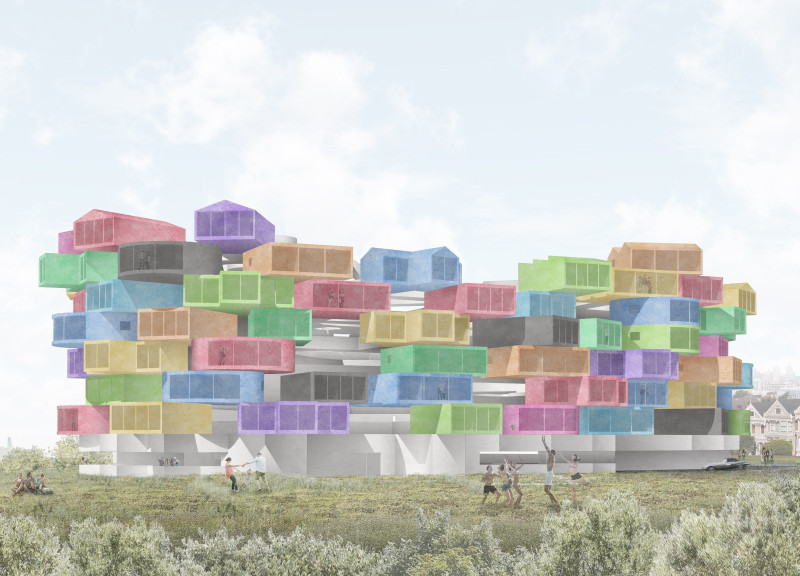 Colored Glass Panels and Modular Units Transforming Urban Living Above Mechanized Parking