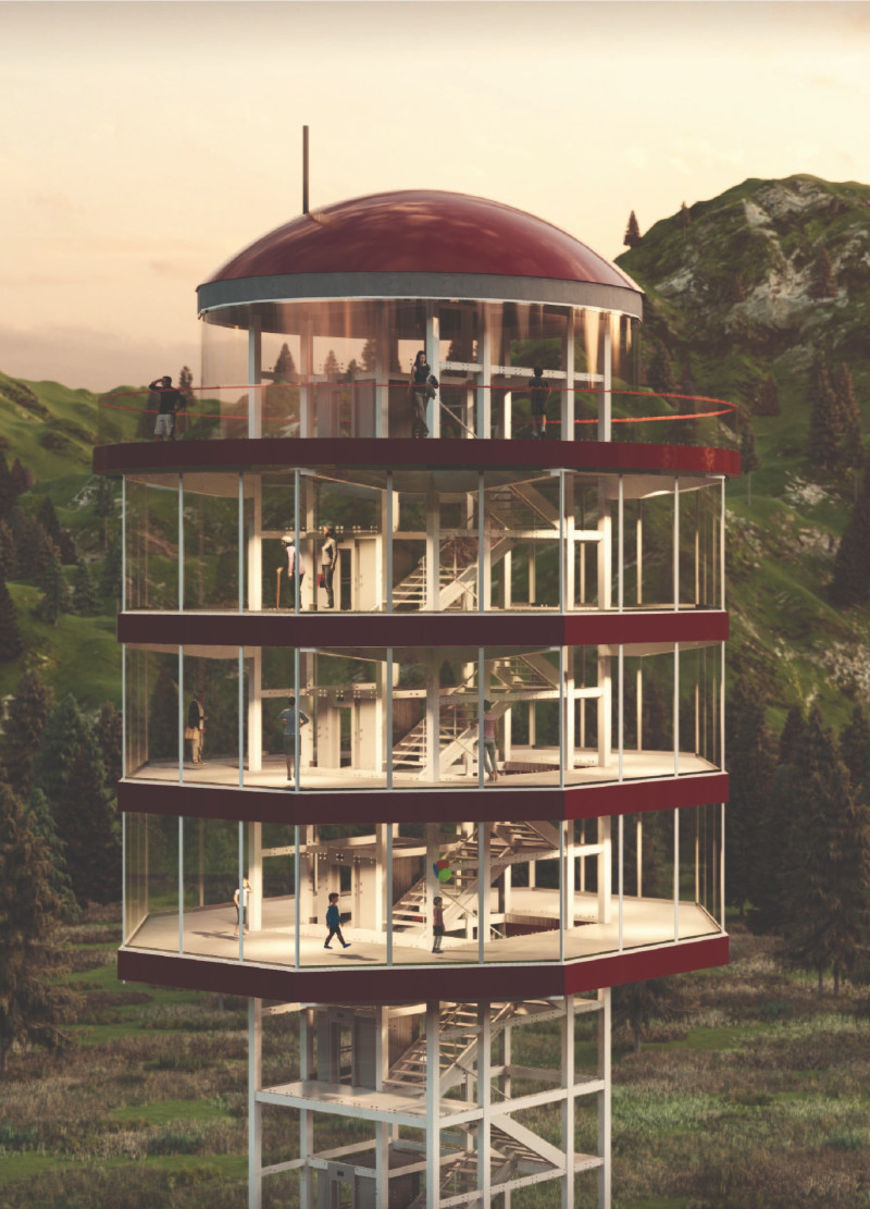 Pyramid Ceiling Structure Emphasizing Steel and Natural Views