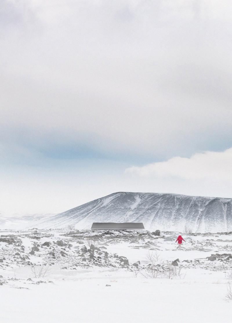 Floating Roof of Stainless Steel Framed by Dark Wood in a Volcanic Landscape