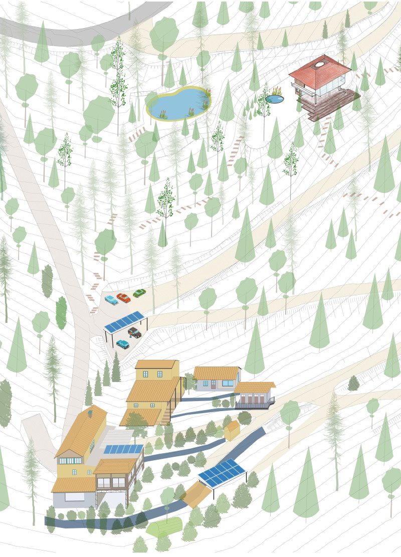 Natural Pond and Stone Envelope Supporting Community Wellness in a Yoga Retreat