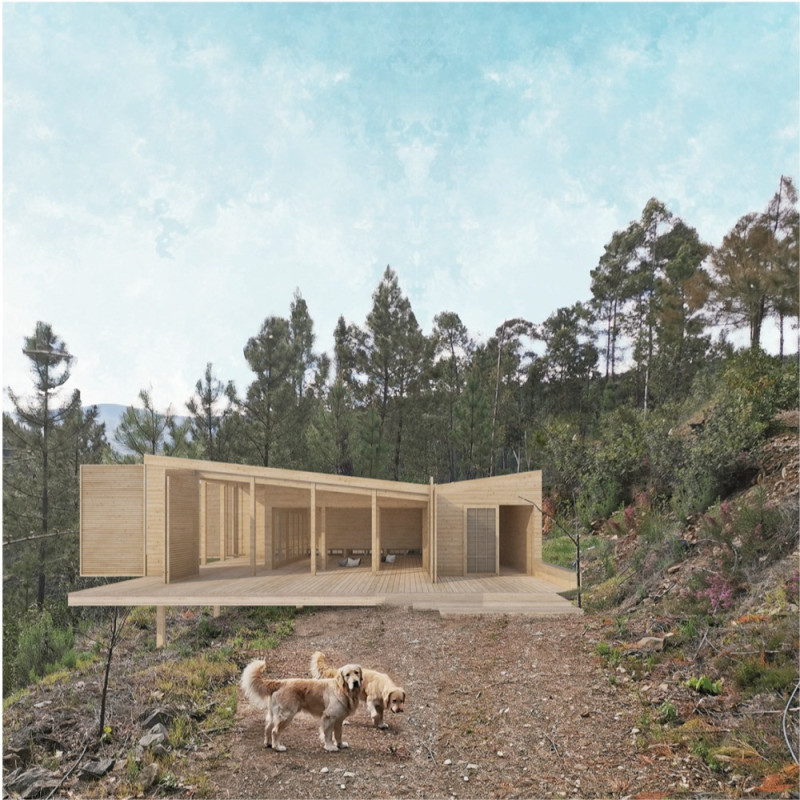 Rainwater-Collecting Structure with Wood and Sliding Panels for Mindful Practices