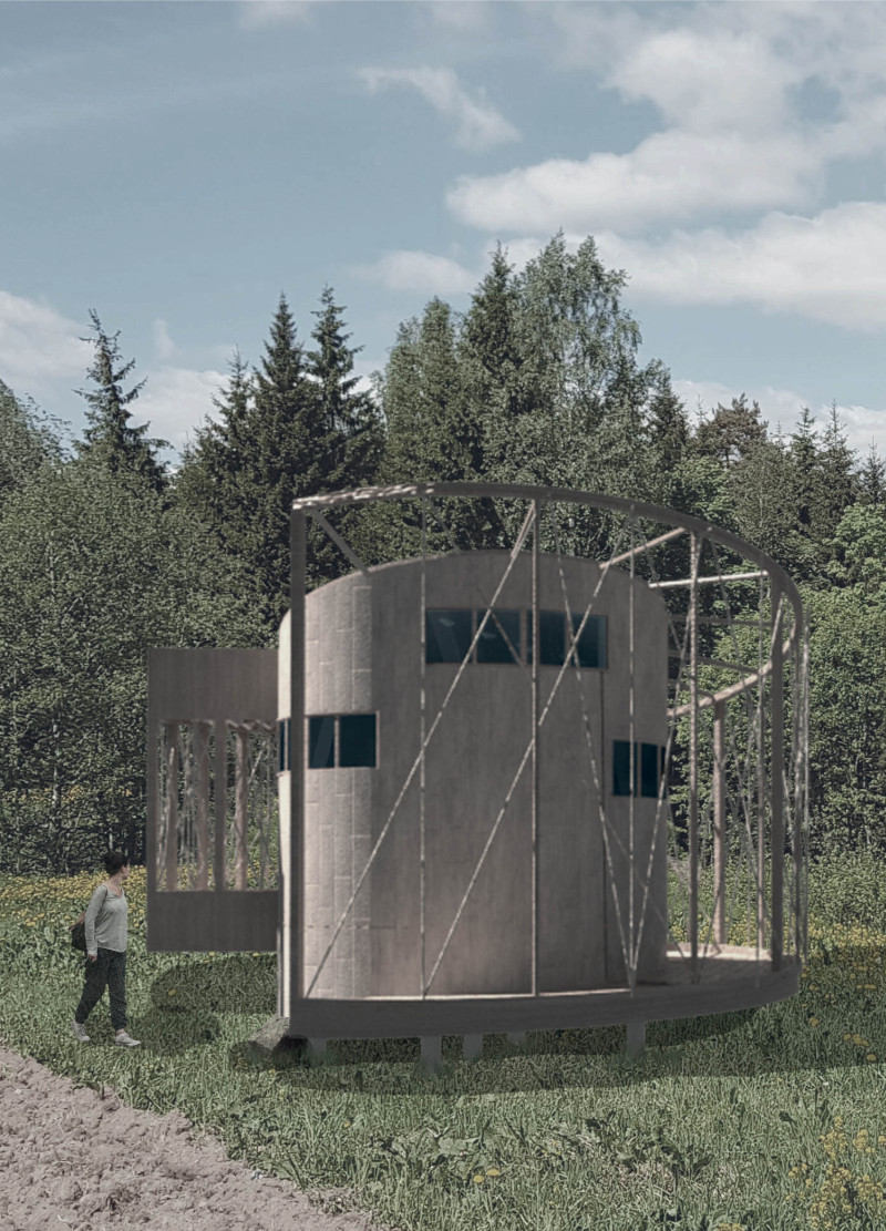Circular Cabin Featuring Natural Pine and Integrated Rope Weaving for Meditation